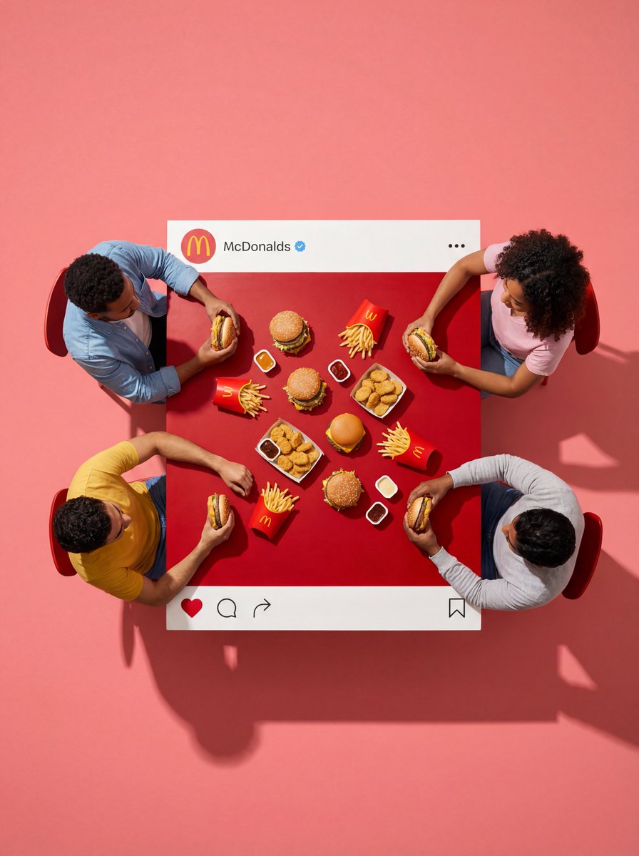 Ultra-wide-angle hyper-realistic top-down flat lay photography. A group of 4 real people sitting around a square dining table. The camera is pulled far back, creating significant negative space (empty floor area) around the people and the table, ensuring a clean, minimalist composition. The scene is [VIBE & ATTIRE]: The four people are dressed in [CLOTHING STYLE]. Their interactions are specific: [DESCRIBE ACTION OF EACH PERSON].

The table is a custom physical prop designed like an Instagram post: it has a solid white physical strip ONLY at the top edge and bottom edge (no white borders on left or right).
- The Top White Strip features a painted profile picture with [LOGO DESCRIPTION], username "[USERNAME]" followed by a small blue verified tick icon, and "..." on the right.
- The Bottom White Strip features painted red heart, comment, and share icons on the left, and a "Bookmark" icon on the far right.

The center of the table is painted [EXACT CENTER COLOR & HEX CODE]. The items on the table are [FOOD/OBJECTS DESCRIPTION].
IMPORTANT: ALL food items, drinks, objects, and hands interacting with them are STRICTLY CONFINED WITHIN this central [COLOR] painted area. NOTHING extends onto the white strips or outside the table boundaries. The floor background is a [FLOOR COLOR] to create visual separation. Professional studio lighting with distinct drop shadows. 8k, sharp focus.